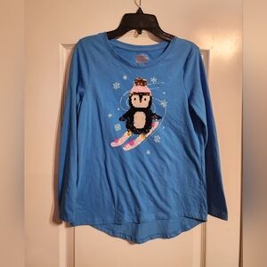 Cat & Jack Girls Blue Long Sleeve T-shirt with Sequin Penguin Skiing | Size XL